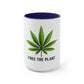 a white and navy blue, free the plant, marijuana coffee mug