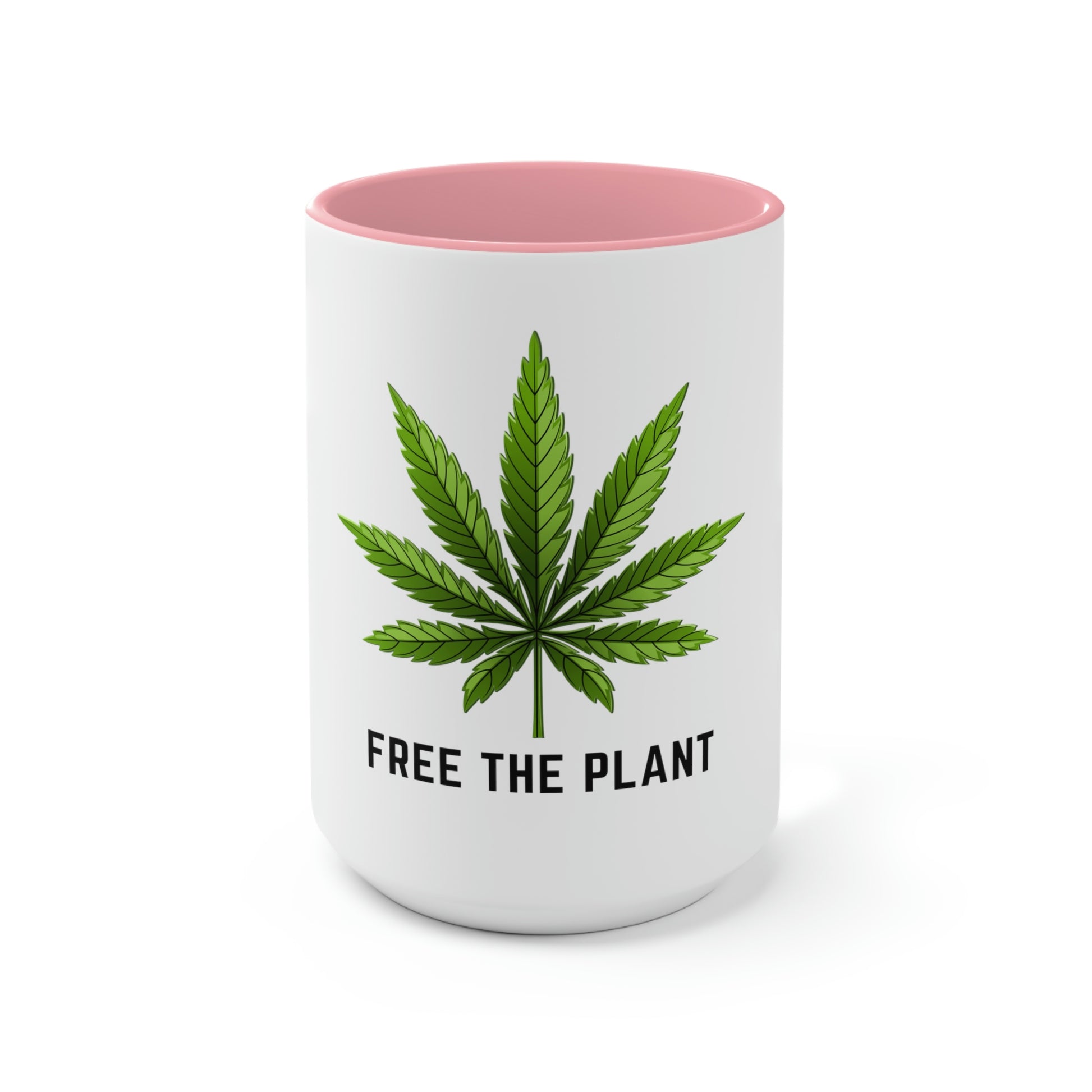 a pink and white, free the plant, marijuana coffee mug