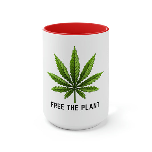 a white and red, free the plant, marijuana coffee mug