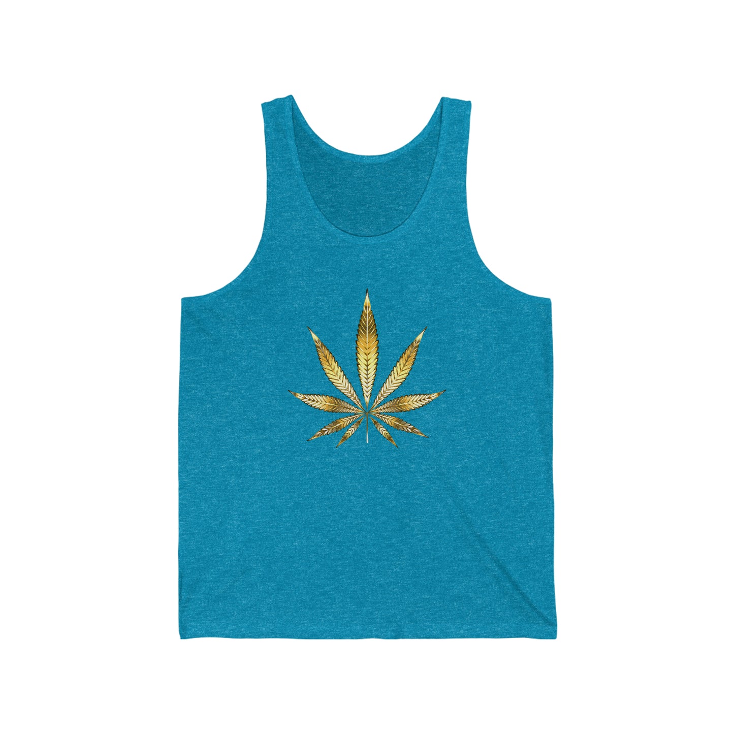 A light blue tank top jersey with a bright gold weed leaf in the center