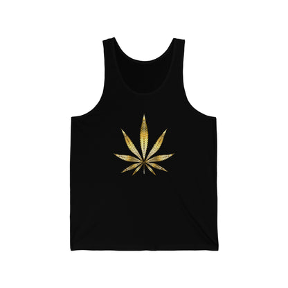 A black tank top jersey with a bright gold weed leaf in the center