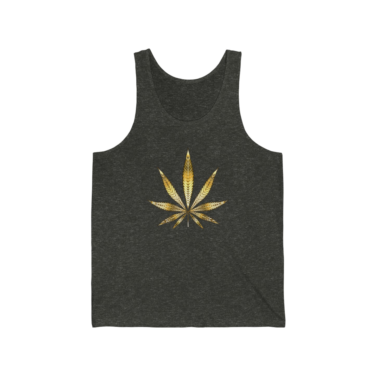 A dark heather grey tank top jersey with a bright gold weed leaf in the center