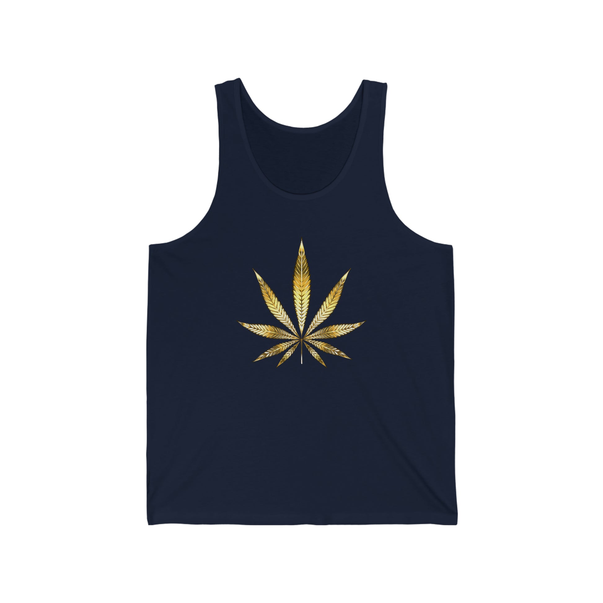 Navy blue weed tank top jersey with a bright gold weed leaf in the center