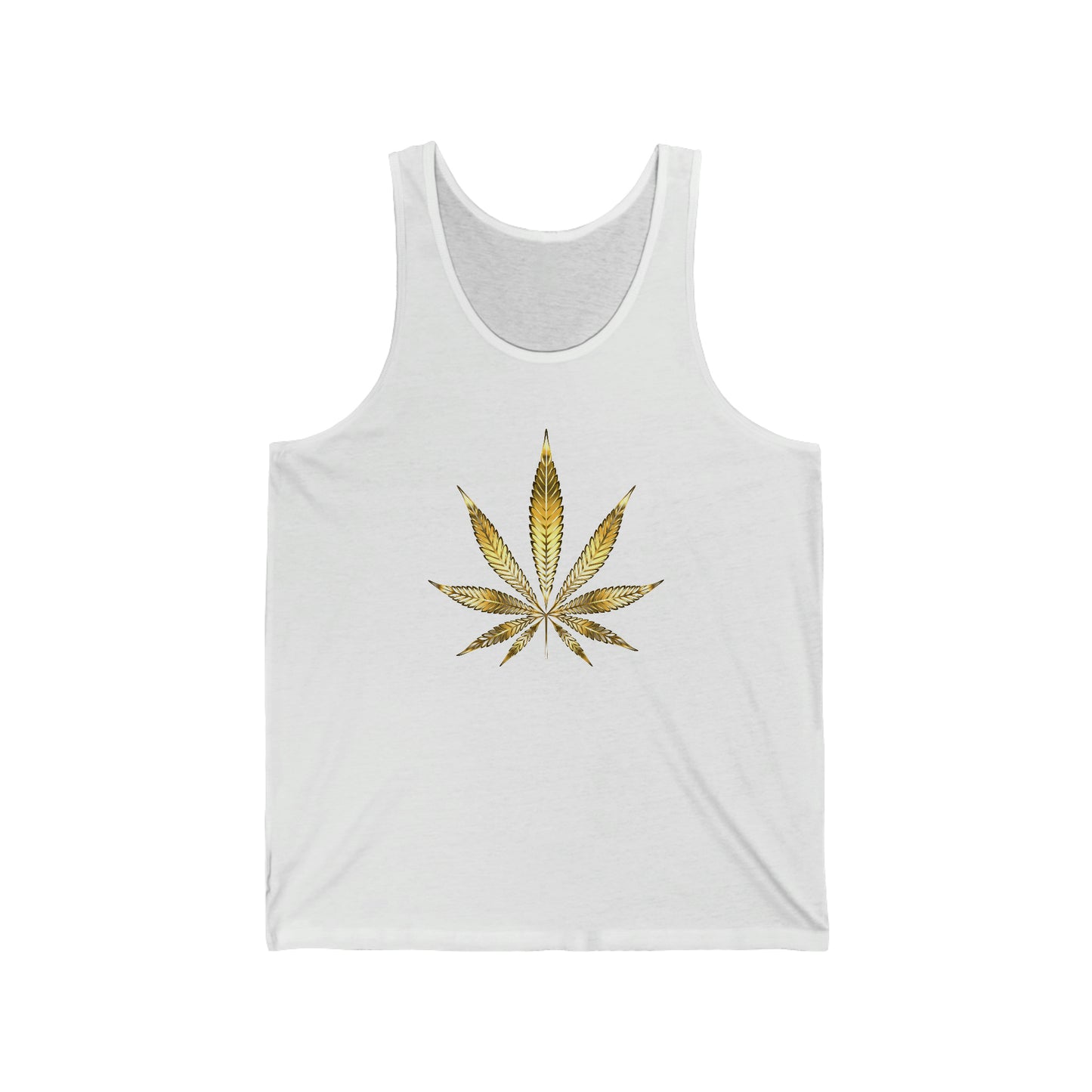 A white weed tank top jersey with a bright gold weed leaf in the center