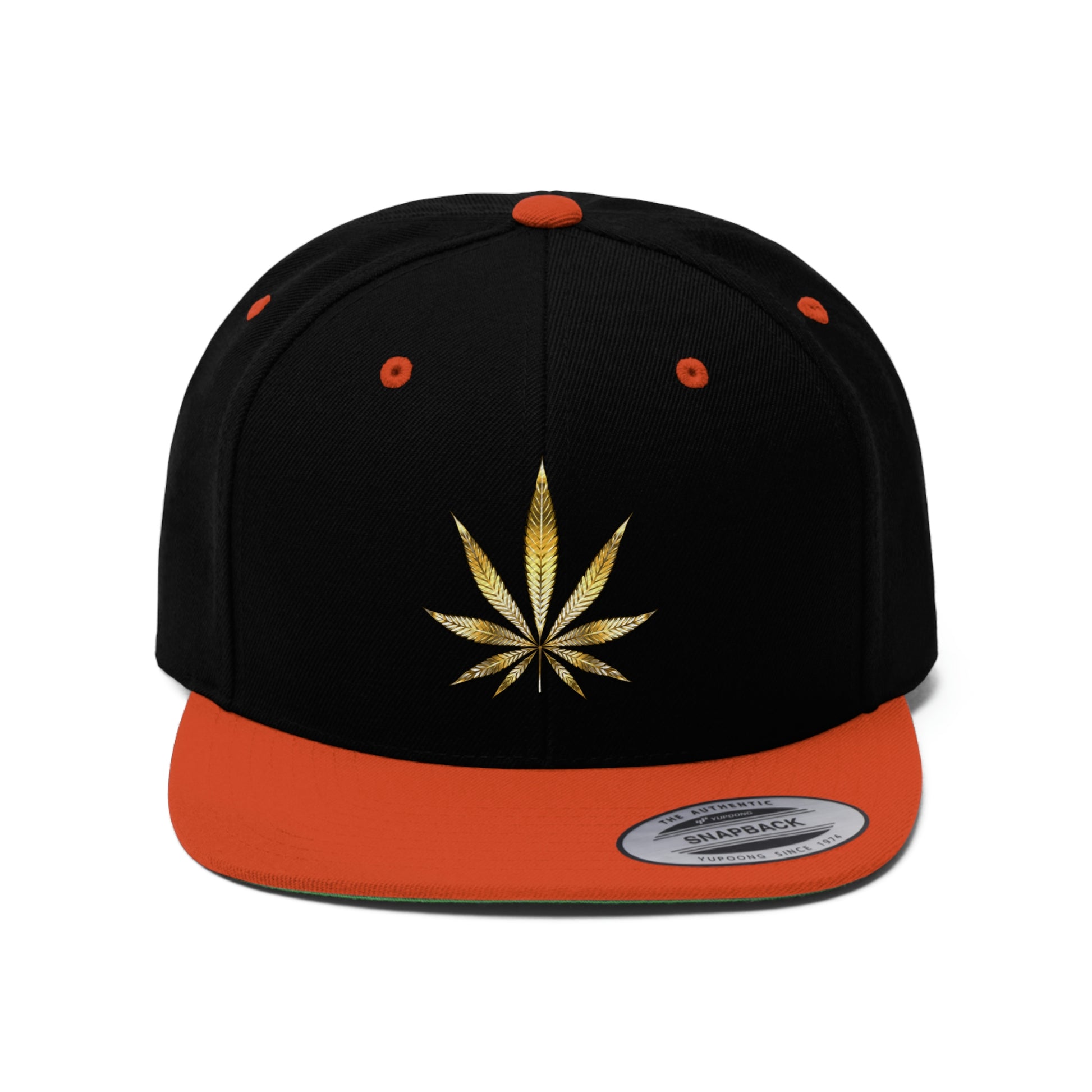 A close up of the black and orange Gold pot leaf Marijuana Hat 