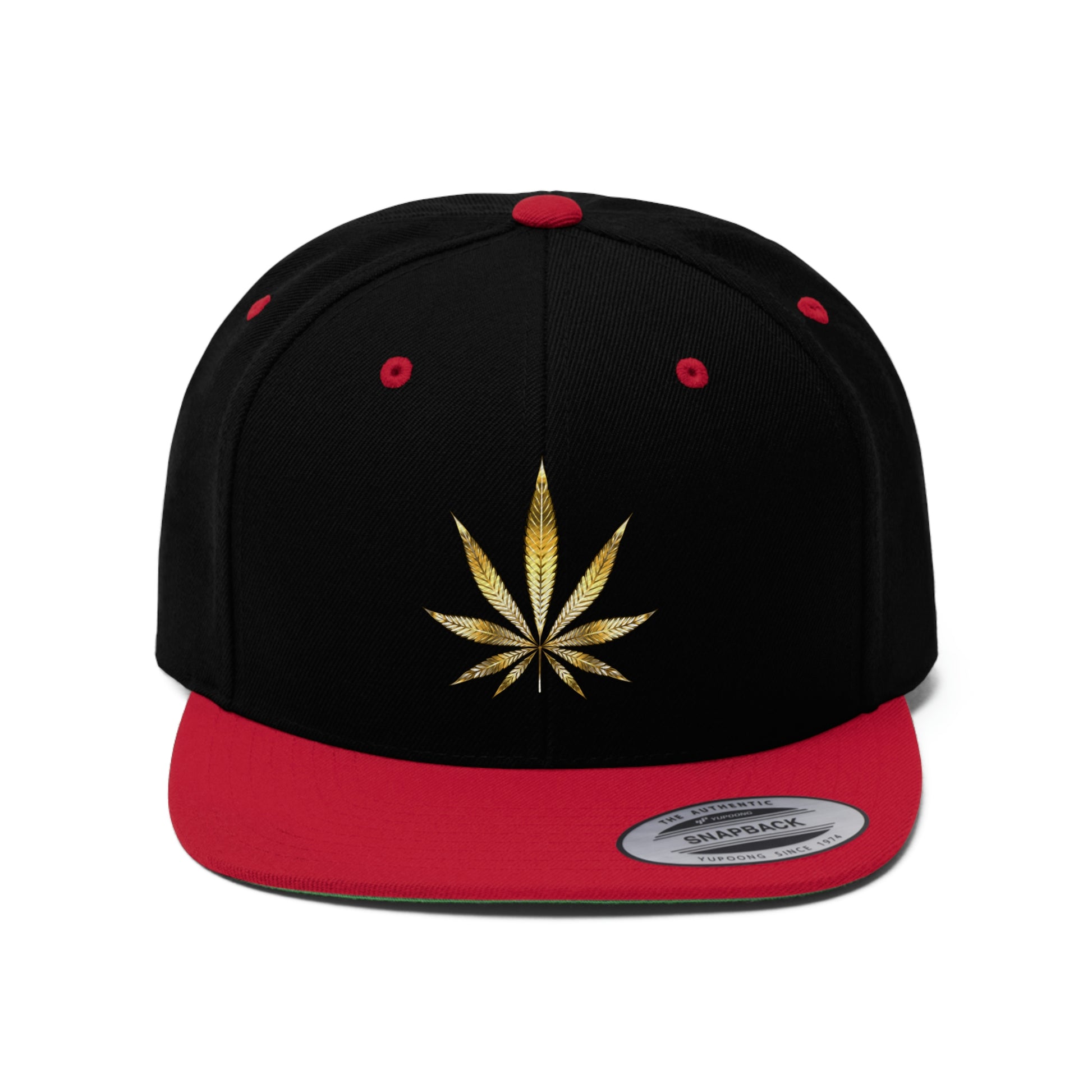 A close up of the black and red Gold Marijuana Leaf Snapback Hat