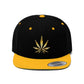 A close up of the black and gold Gold Marijuana Leaf Snapback Hat