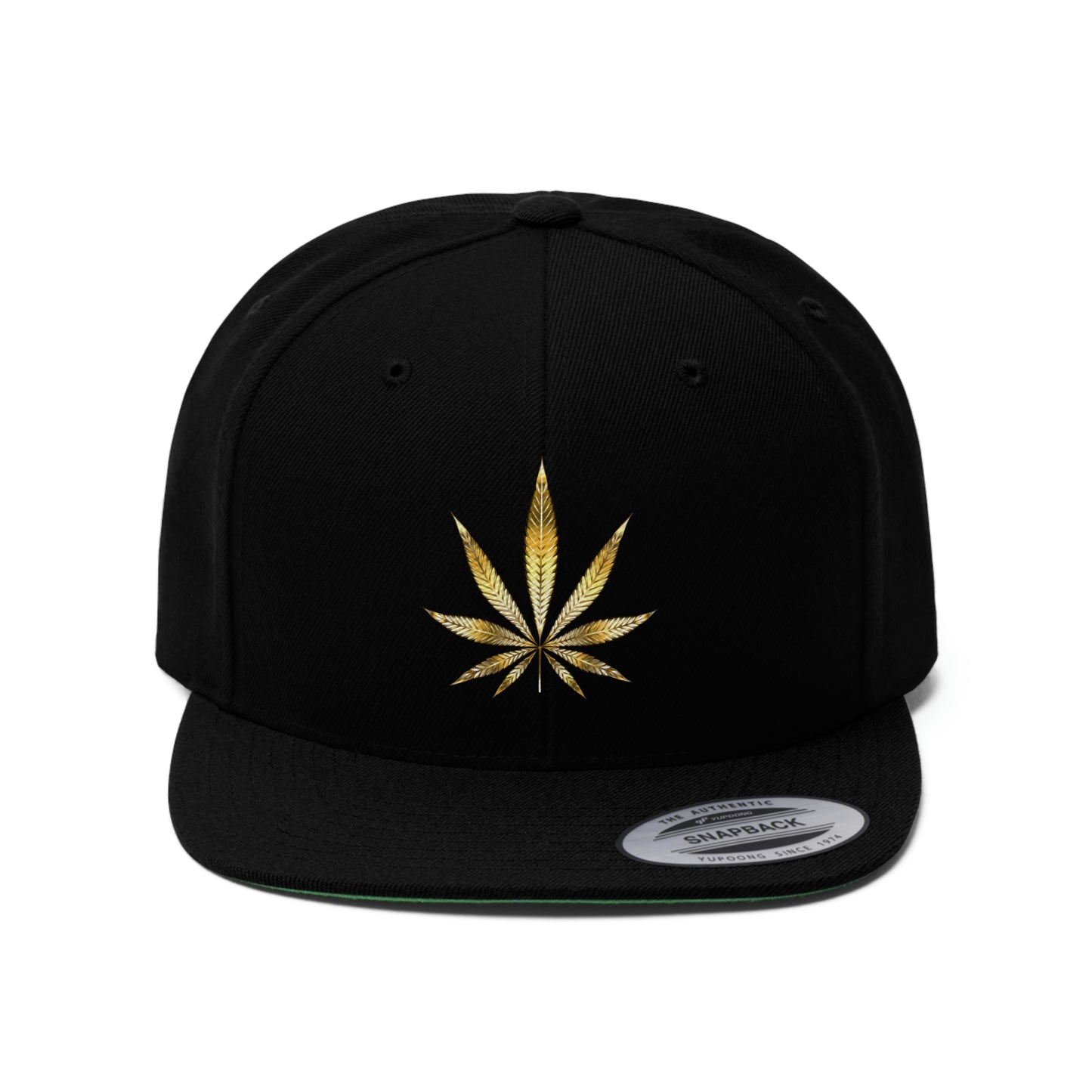 A close up photo of the all black Gold Marijuana Leaf Snapback Hat