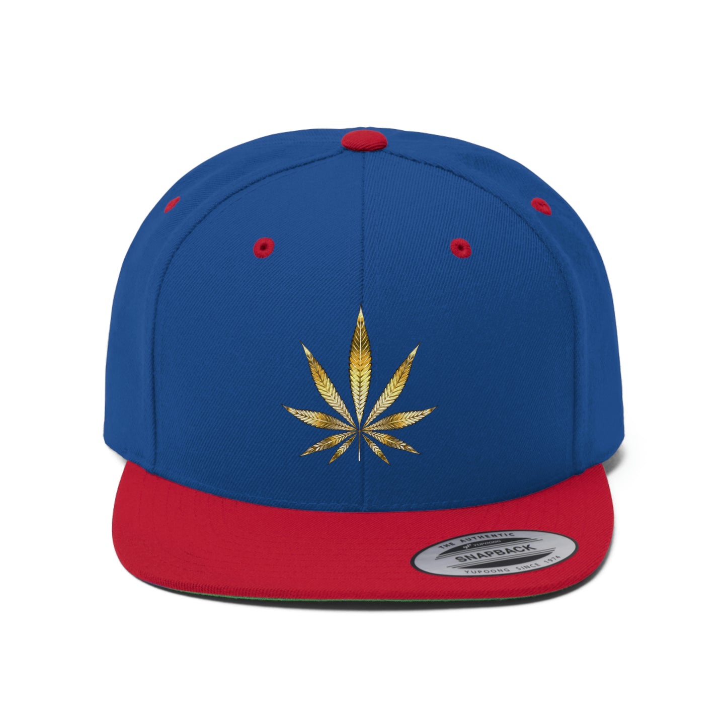 A close up picture of the red and blue Gold Marijuana Leaf Snapback Hat