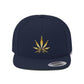 A close up of the navy blue Gold Marijuana Leaf Snapback Hat