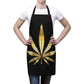 A woman is standing with her hands on her sides while wearing the Gold Leaf Cannabis Chef's Apron with huge gold cannabis Leaf