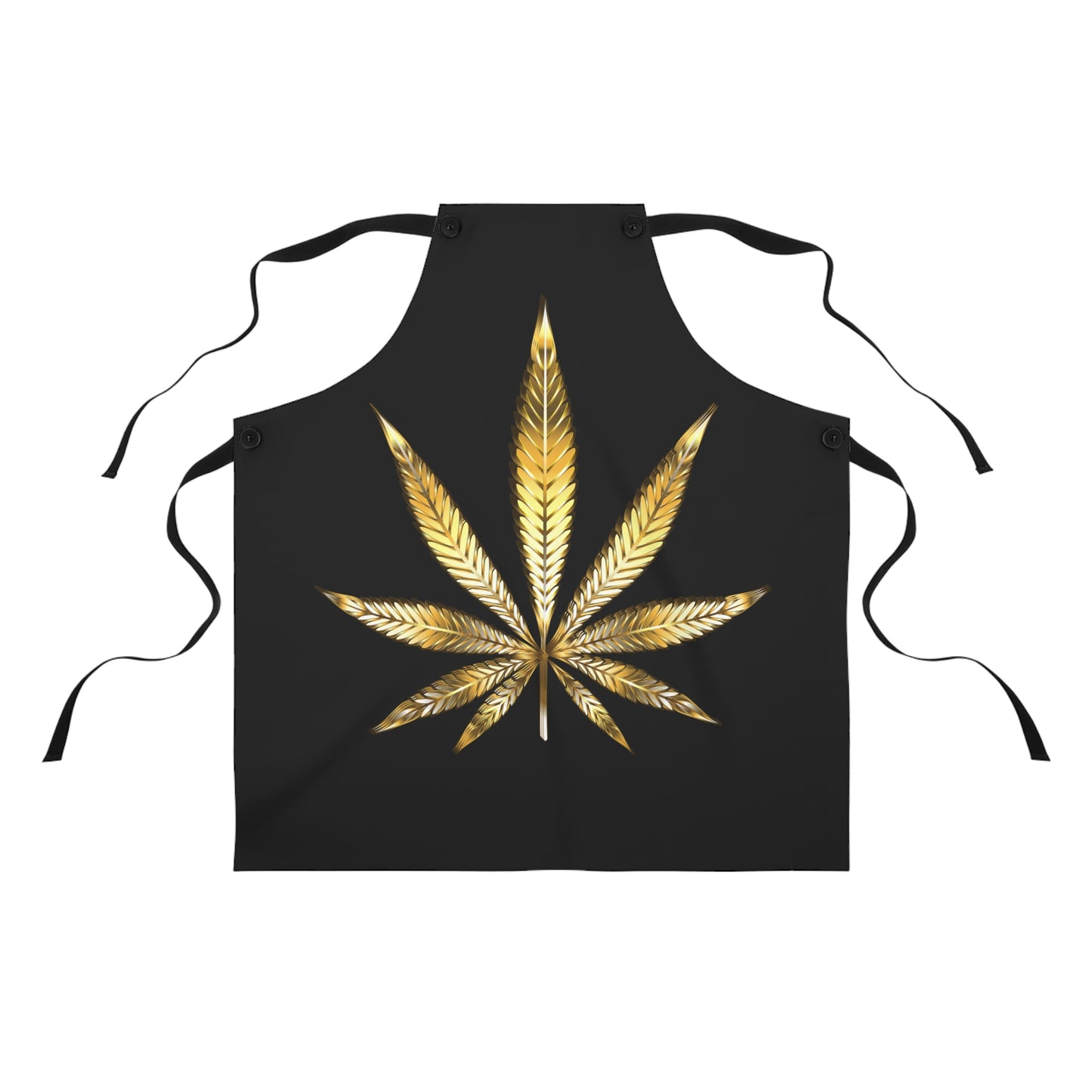a black Gold Leaf Cannabis Luxurious Apron
