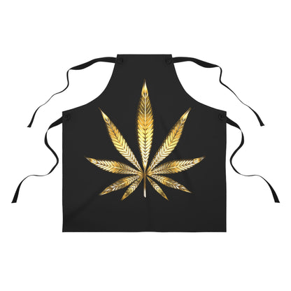 a black Gold Leaf Cannabis Luxurious Apron