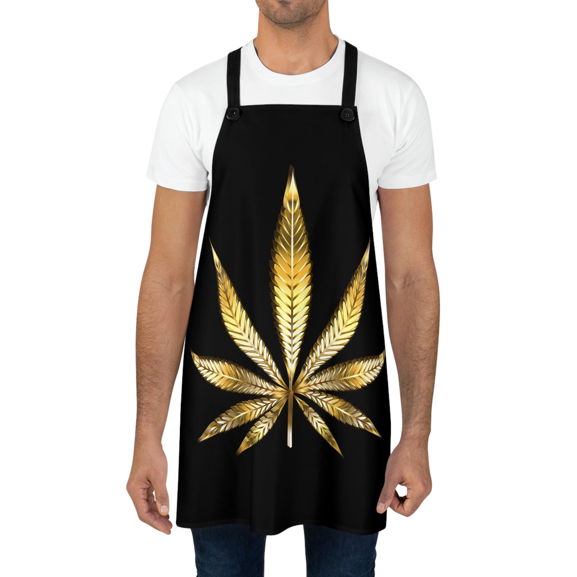a man wearing a Gold Leaf Cannabis Luxurious apron.