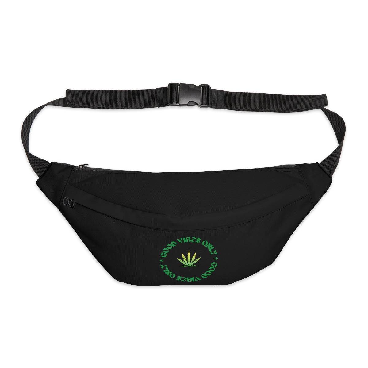 a black fanny pack with the words good vibes only circling a marijuana leaf