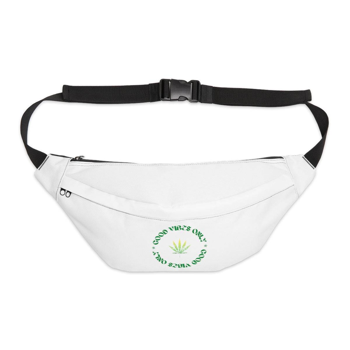 a white fanny pack with the words good vibes only circling a marijuana leaf