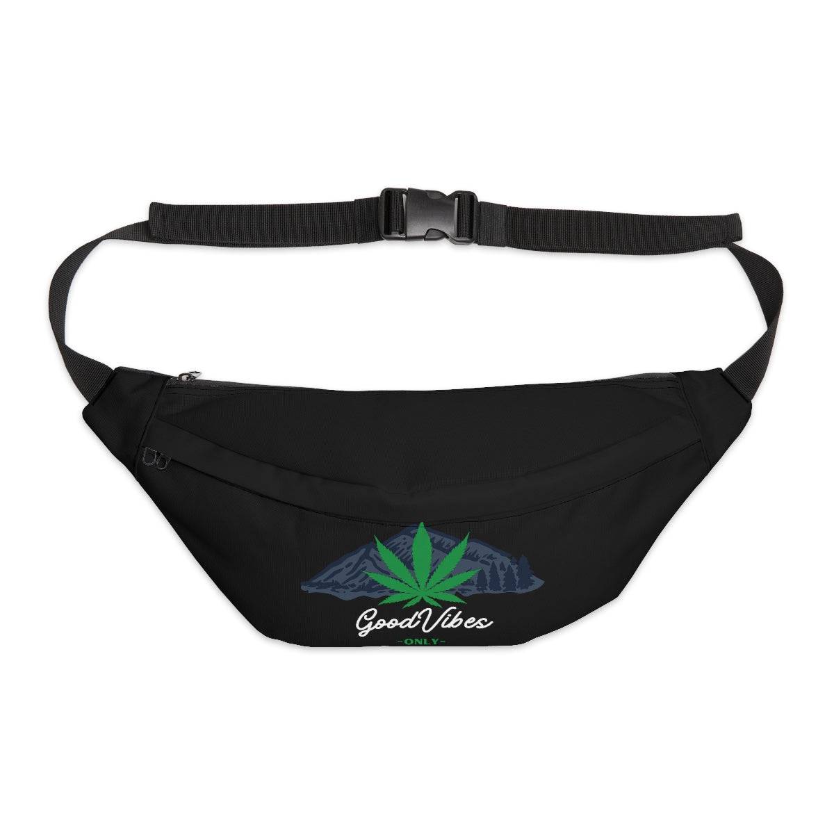 a black fanny pack with the words good vibes only surrounded by a mountain