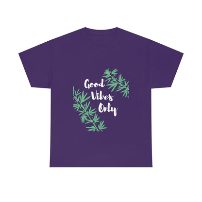 Good Vibes Only Leaf T-Shirt in purple, showcasing a dynamic "Good Vibes Only" slogan alongside a green cannabis leaf design.