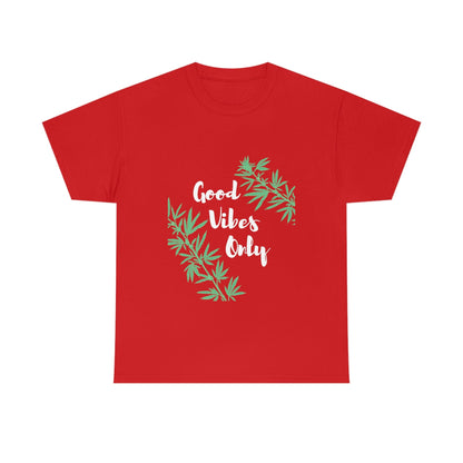 The Good Vibes Only Leaf T-Shirt is a red tee that showcases the phrase "Good Vibes Only" along with white cannabis leaf graphics, offering a distinctive flair to the uplifting message.