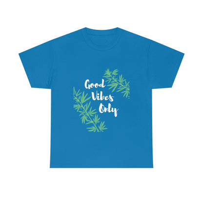 Good Vibes Only Leaf T-Shirt in blue, showcasing "Good Vibes Only" in white, accented by green cannabis leaf designs.