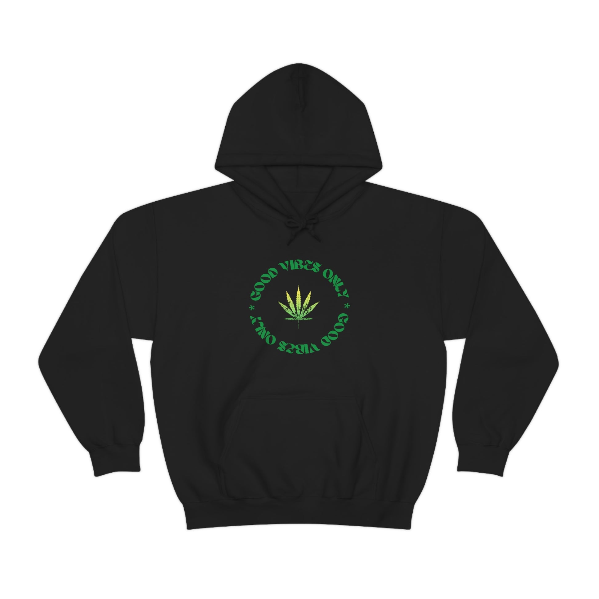 A black good vibes only weed sweater with a marijuana plant in the center