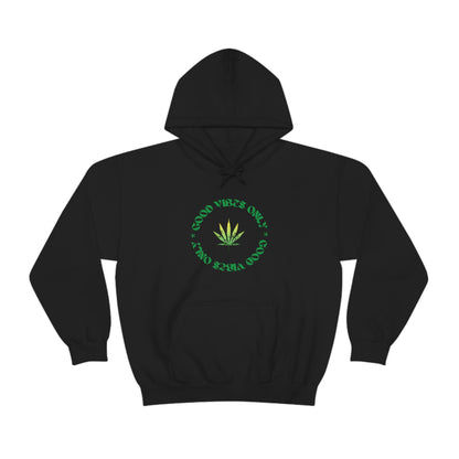 A black good vibes only weed sweater with a marijuana plant in the center