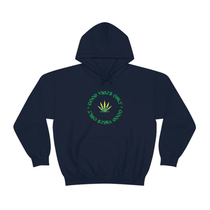 A navy hoodie with the Good Vibes Only Weed Sweater on it.