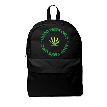 a black backpack with the words good vibes only circling a marijuana leaf