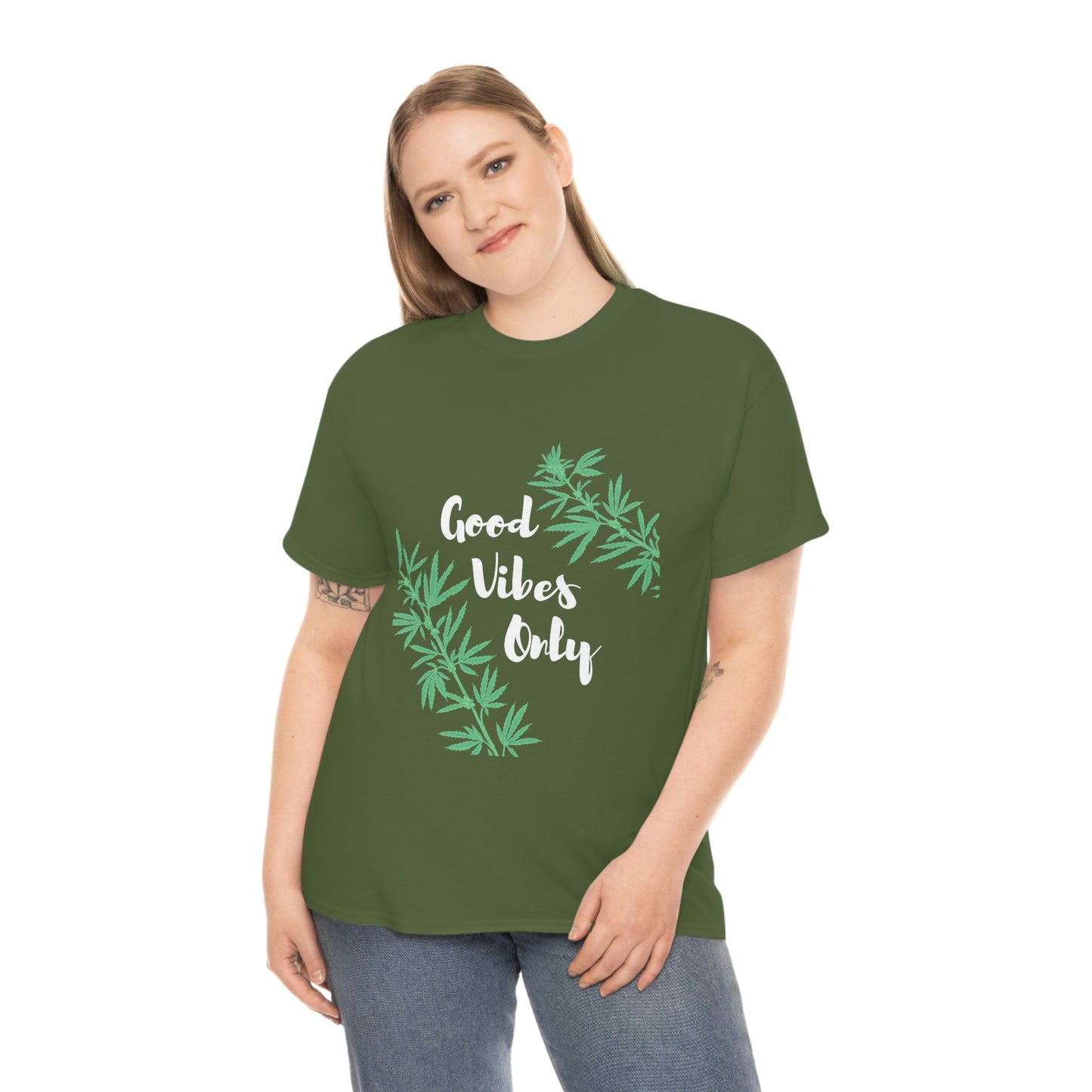 A woman wearing a Good Vibes Only Leaf T-Shirt.