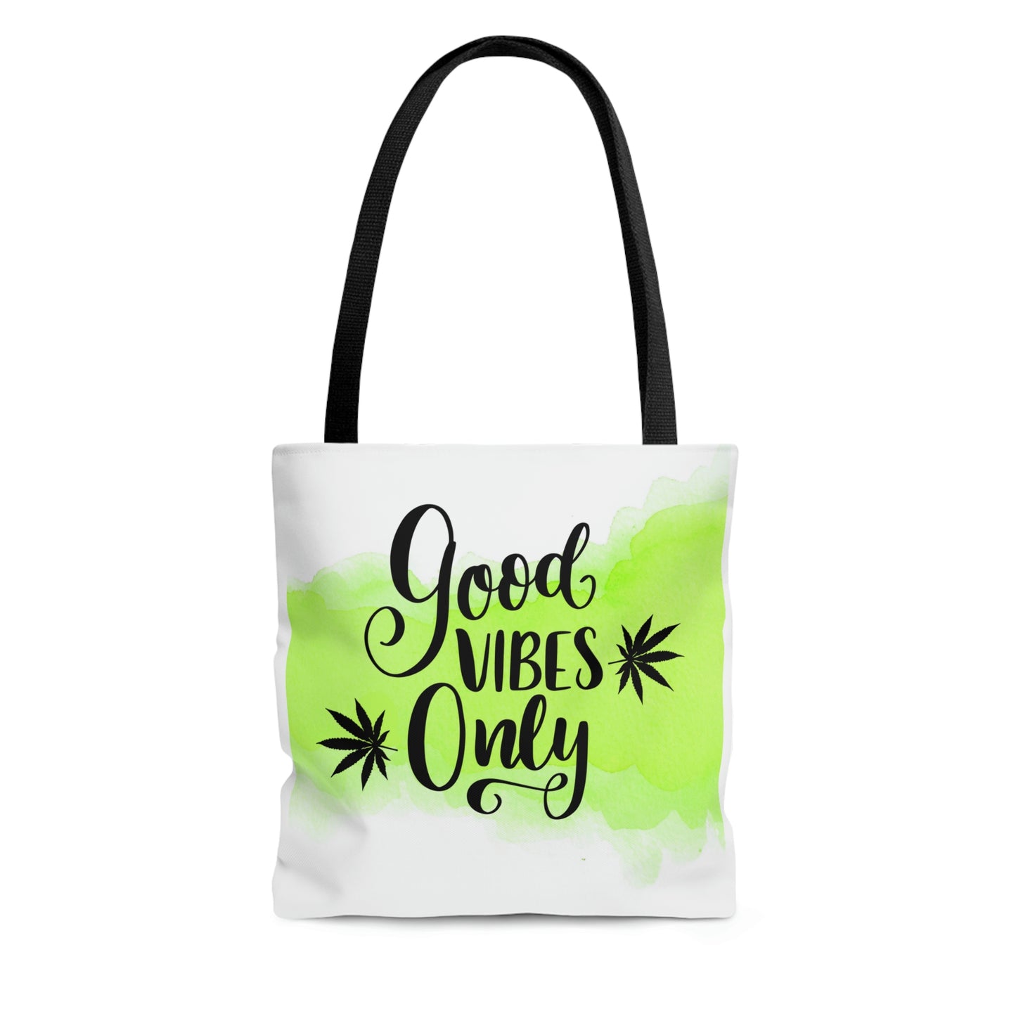 A crispy white and black Good Vibes Only Weed Tote Bag with black straps  