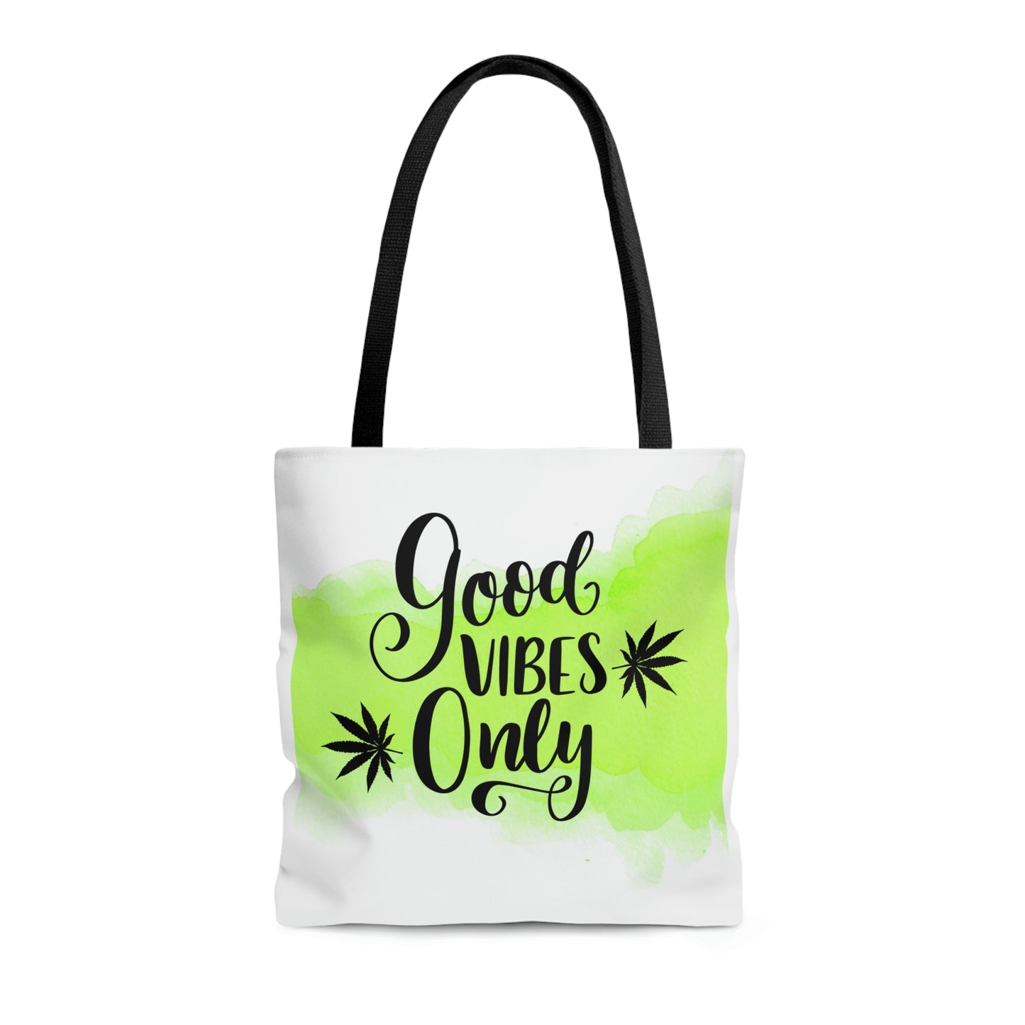 The Good Vibes Only Cannabis Tote bag with a splash of green and cannabis leaves on both sides of the lettering