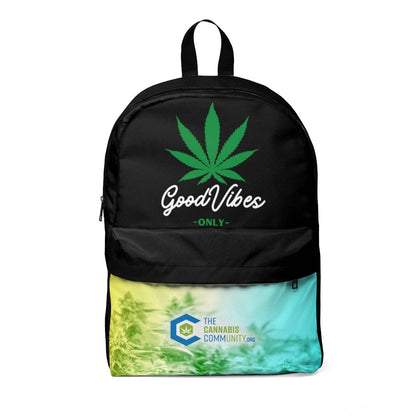 a Good Vibes Only Black Marijuana Backpack with the words good vibe on it.