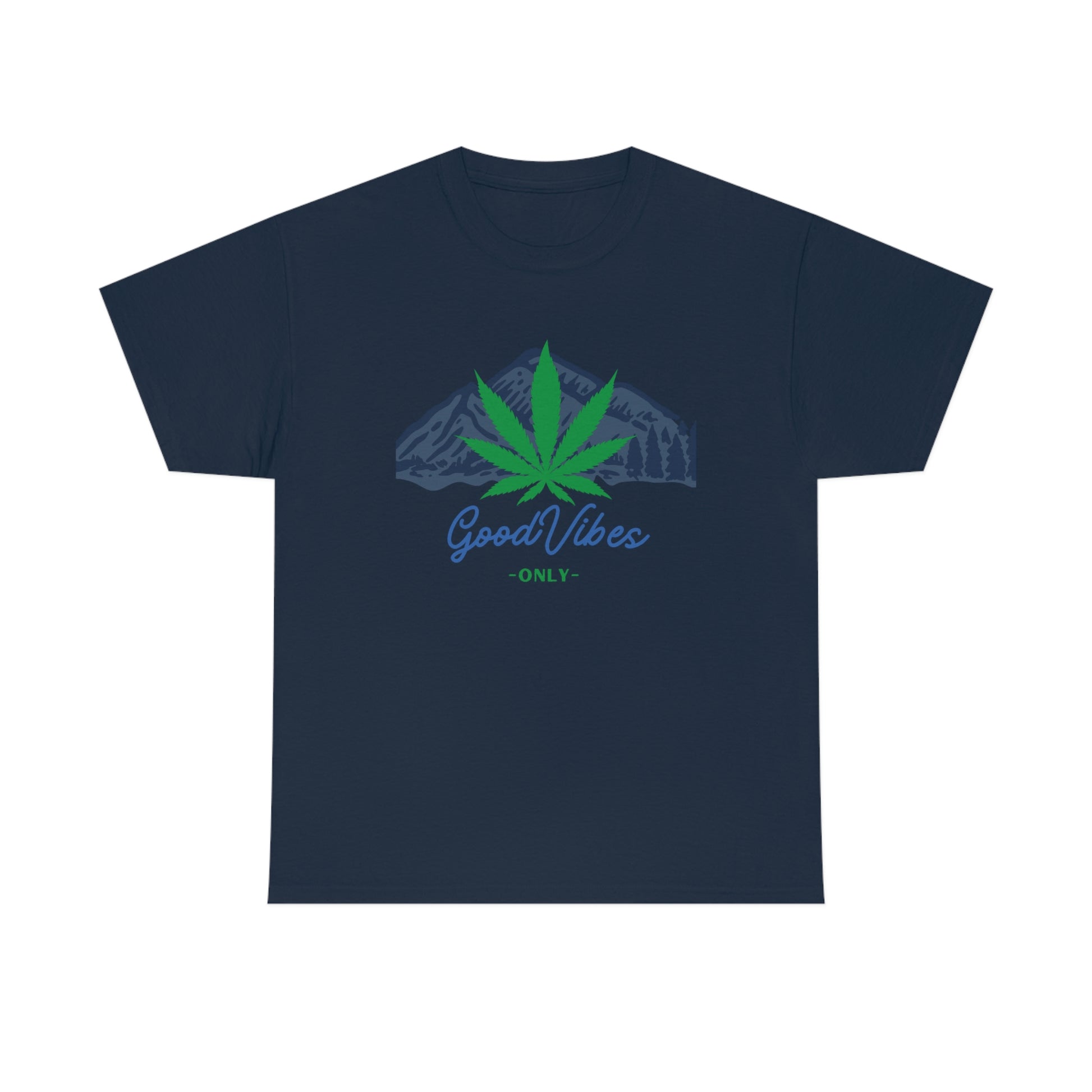 a navy Good Vibes Only Mountain Tee.