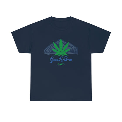 a navy Good Vibes Only Mountain Tee.