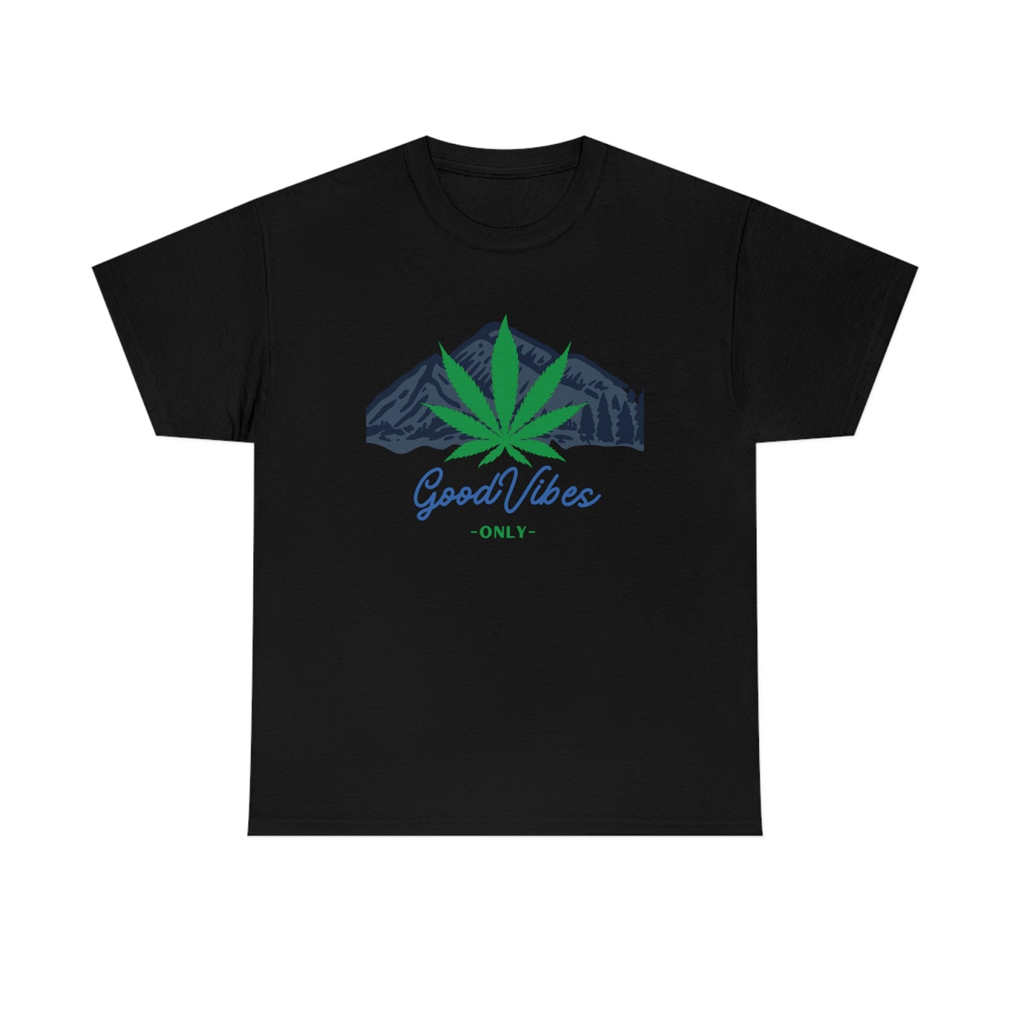 a black Good Vibes Only Mountain Tee.