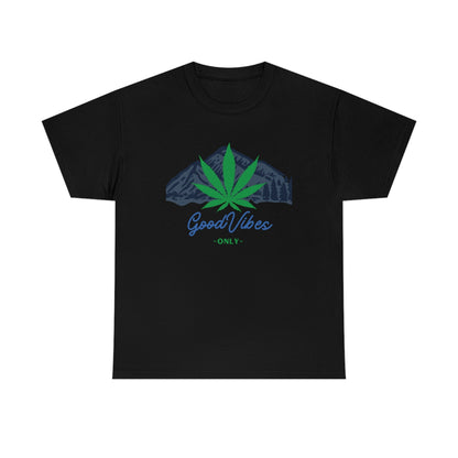 a black Good Vibes Only Mountain Tee.