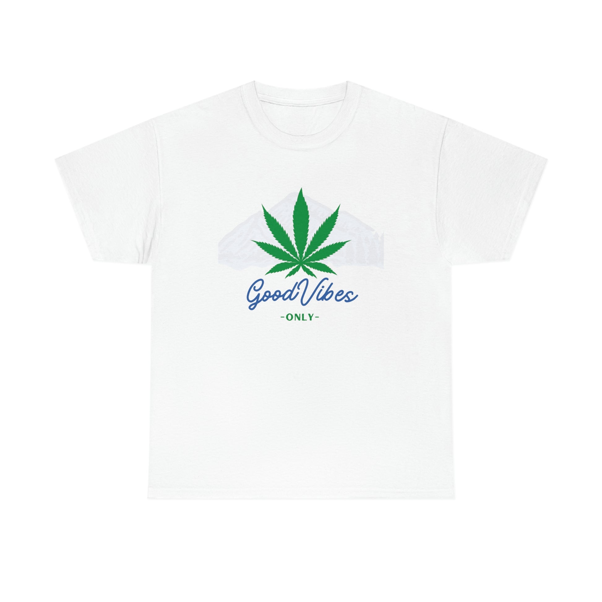 a Good Vibes Only Mountain Tee with a marijuana leaf on it.