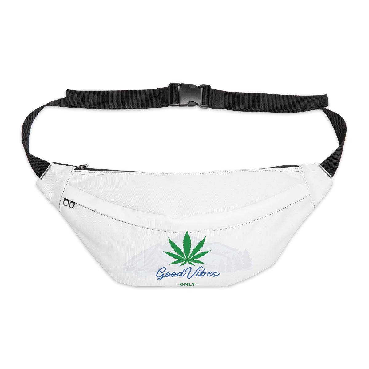 a white fanny pack that has the words good vibes only surrounded by a mountain backdrop