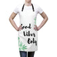 A woman wearing the Good Vibes Only Cannabis Chef's Apron.
