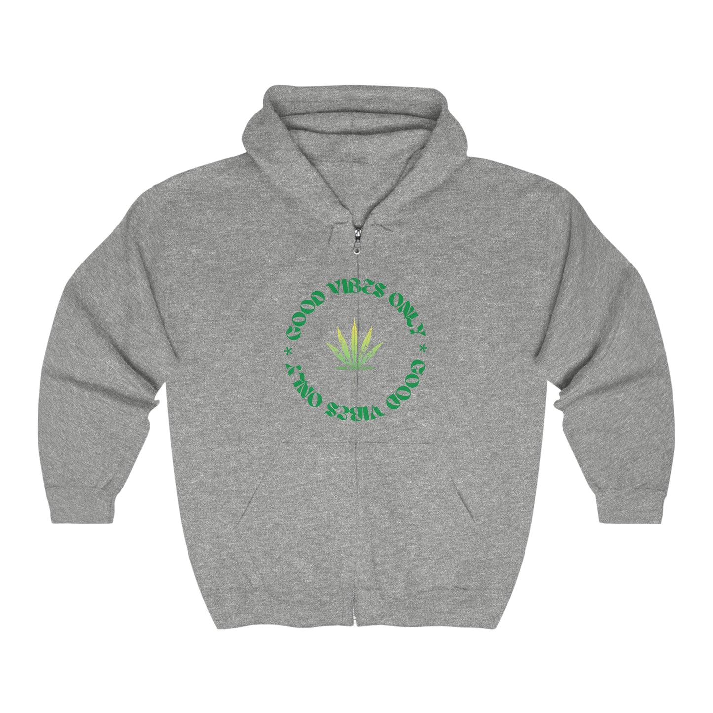 A Good Vibes Only Full Zip Marijuana Hoodie with a green marijuana leaf on it.