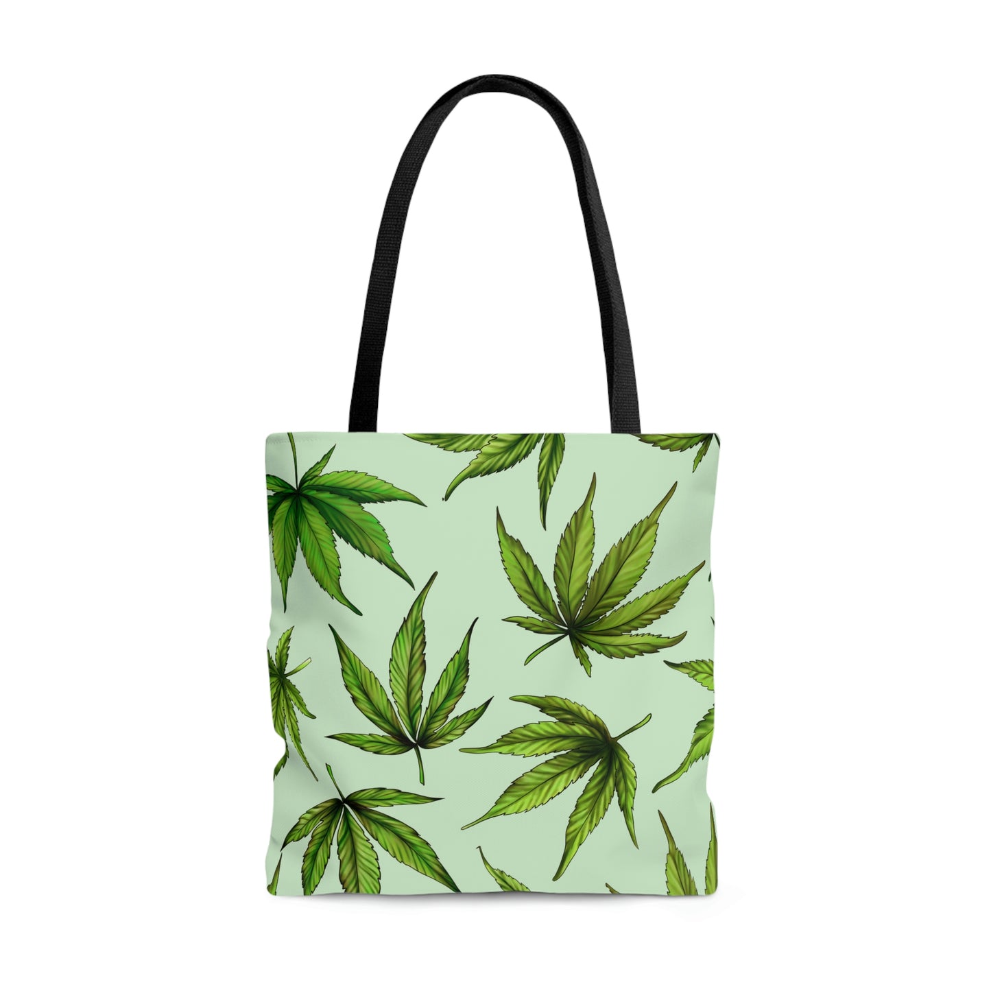 A cinematic view of the Cannabis Leaves Green Tote Bag with ultra cool black carrying straps