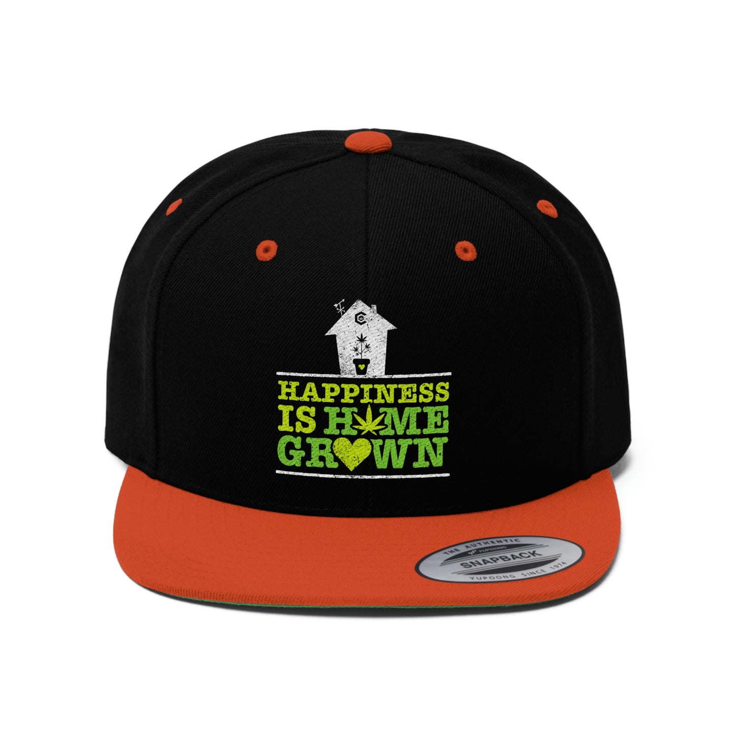 A photo of the orange and black Happiness Is Homegrown Marijuana Snapback Hat with white house on above the lettering