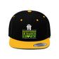 A close up of the gold and black Happiness Is Homegrown Marijuana Snapback Hat with white house on top of lettering