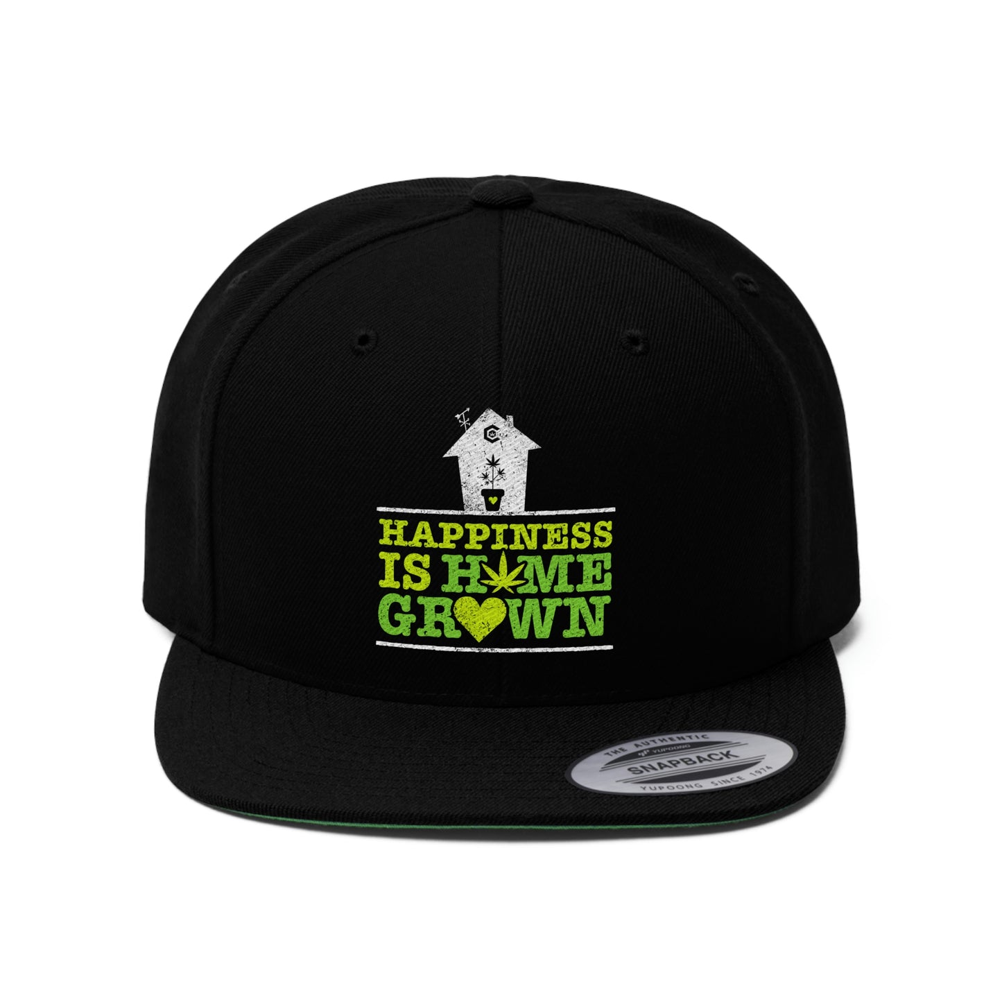 A close up of the all black Happiness Is Homegrown Marijuana Snapback Hat with white house on top of lettering