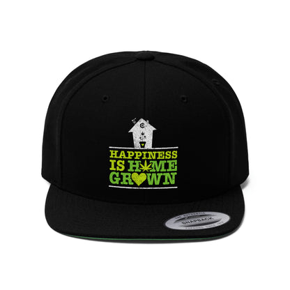 A close up of the all black Happiness Is Homegrown Marijuana Snapback Hat with white house on top of lettering