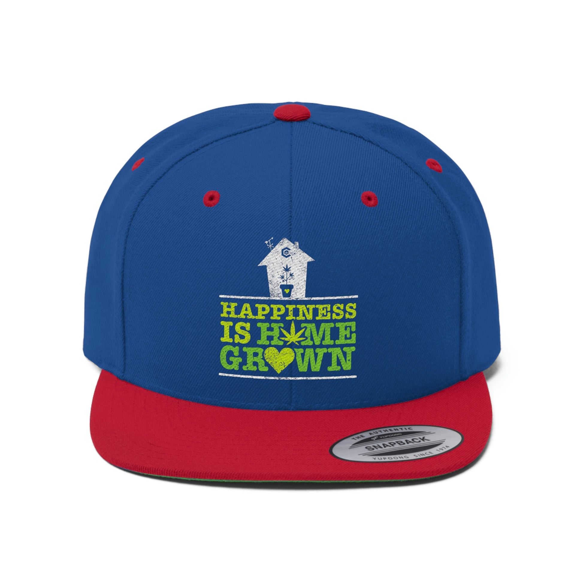 A close up of the red and blue Happiness Is Homegrown Marijuana Snapback Hat with white house on top of lettering