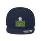 A close up of the navy blue Happiness Is Homegrown Marijuana Snapback Hat with white house above the lettering