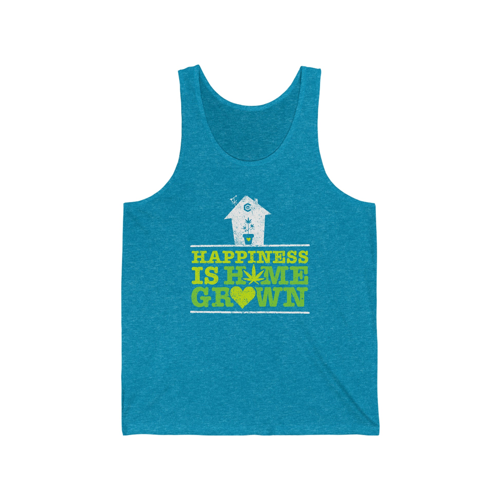an aqua blue happiness is homegrown weed tank top