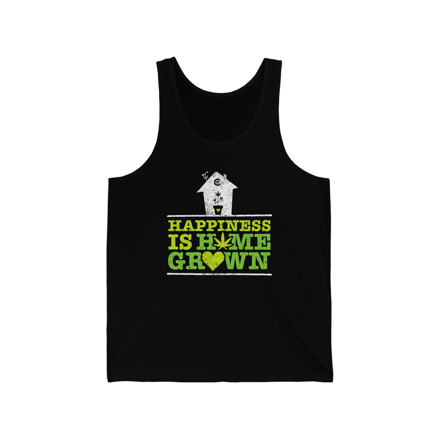 a black, happiness is homegrown weed jersey tank