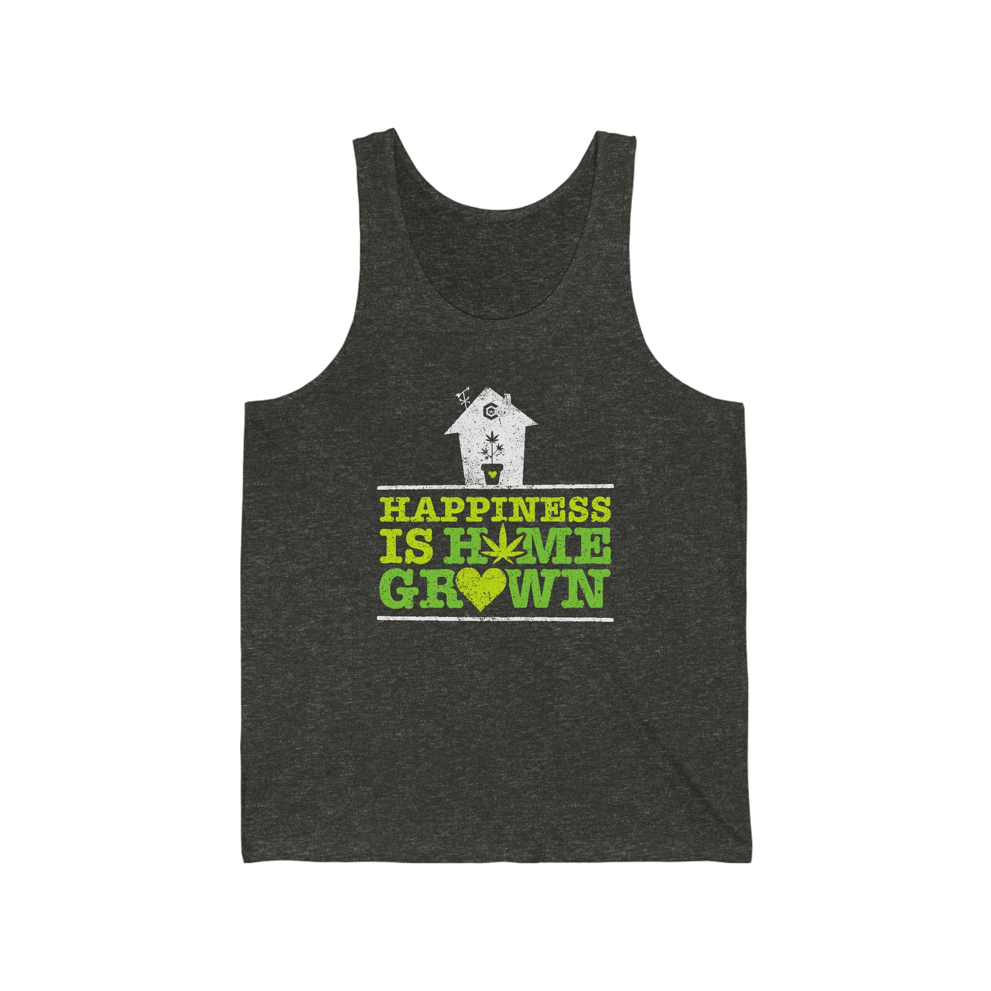 a charcoal black, happiness is homegrown weed tank top